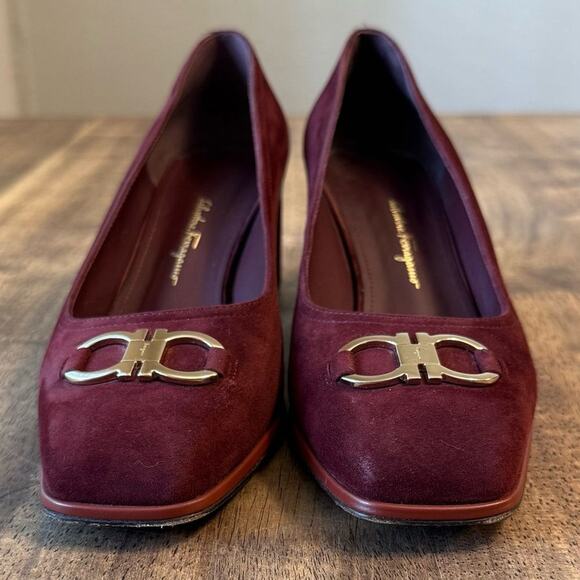 Salvatore Ferragamo Women’s Comiso Suede Leather Pump Chunky Heel Burgundy Sz 8 - Picture 4 of 13